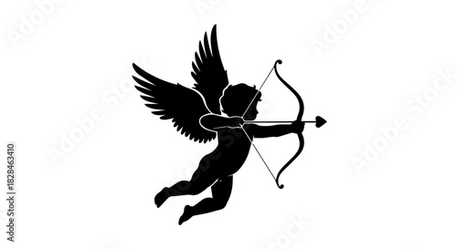 Winged Cupid Silhouette Holding Bow Against White Background.