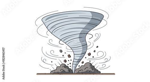 Cartoon depiction of a powerful swirling tornado touching ground with dust and wind effects