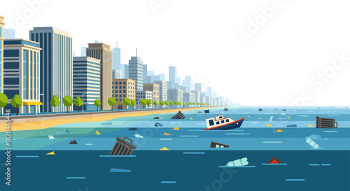 Marine environmental pollution in a urban coastal area showing marine debris around a city