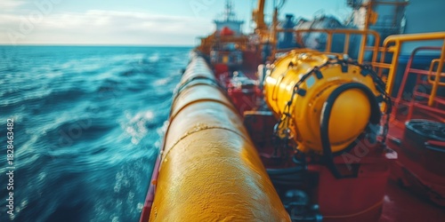 Tanker ship sailing with pipeline on deck in the ocean