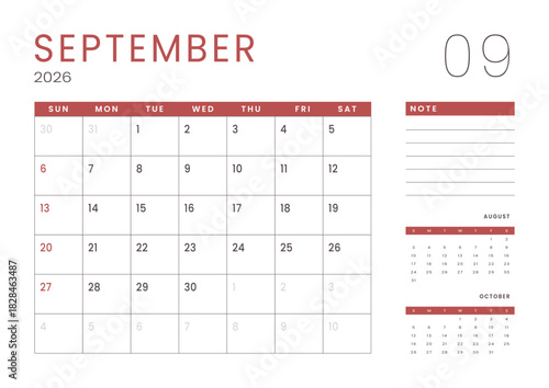 Monthly page Calendar Planner Template design of September 2026. Vector layout of calendar with week start Sunday for Scheduling. Page for size A4 or 21x29.7 cm