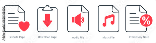 A set of 5 document icons as favorite page, download page, audio file