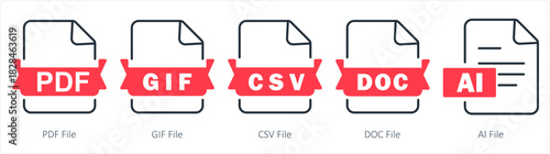 A set of 5 document icons as pdf file, gif file, csv file
