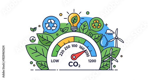 Depicting a gauge displaying CO2 levels surrounded by ecological symbols signifying green