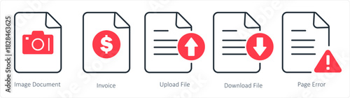 A set of 5 document icons as image document, invoice, upload file