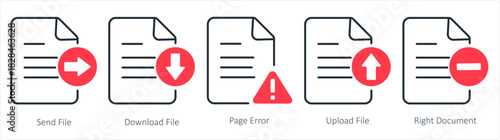 A set of 5 document icons as send file, download file, page error