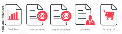 A set of 5 document icons as graph page, view document, invisible document