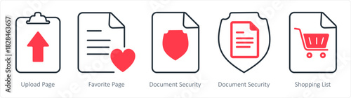 A set of 5 document icons as upload page, favorite page, document security