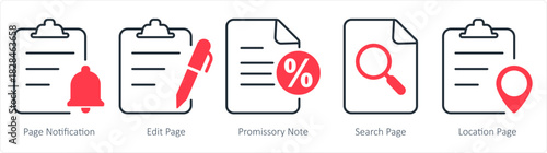 A set of 5 document icons as page notification, edit page, promissory note