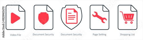 A set of 5 document icons as video file, document security, page setting
