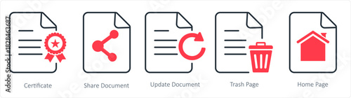 A set of 5 document icons as certificate, share document, update document
