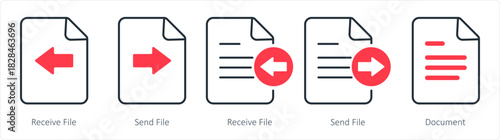 A set of 5 document icons as receive file, send file, document