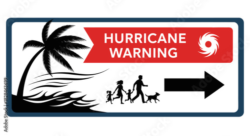 Hurricane Preparedness Signage with Family Evacuating and Symbolic Palm Tree Coastline