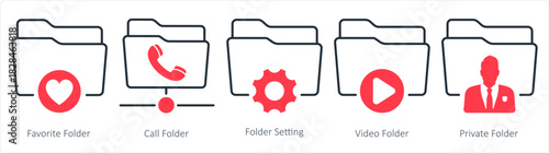 A set of 5 document icons as favorite folder, call folder, folder setting