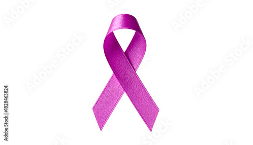 A glossy magenta ribbon, a symbol of awareness, floats against a stark black background