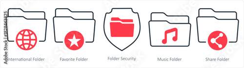 A set of 5 document icons as international folder, favorite folder, folder security