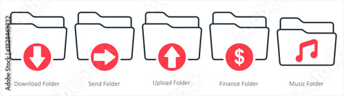 A set of 5 document icons as download folder, send folder, upload folder