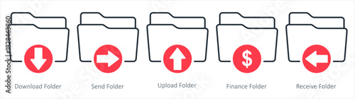 A set of 5 document icons as download folder, send folder, upload folder