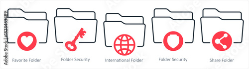 A set of 5 document icons as favorite folder, folder security, international folder