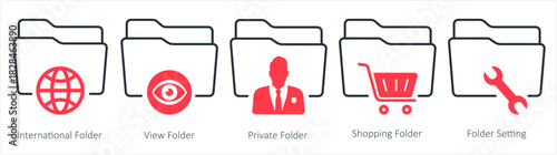 A set of 5 document icons as international folder, view folder, private folder