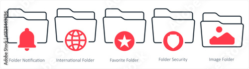 A set of 5 document icons as folder notification, international folder, favorite folder
