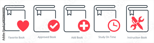 A set of 5 document icons as favorite book, approved book, add book