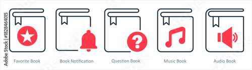 A set of 5 document icons as favorite book, book notification, question book