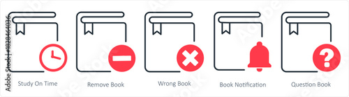 A set of 5 document icons as study on time, remove book, wrong book