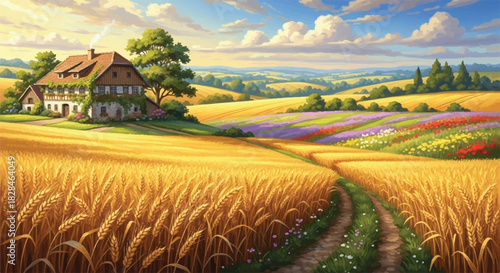 A photorealistic scene of a traditional farm house surrounded by golden, fully ripe wheat fields stretching toward sweeping abstract green meadows under a clear sky.