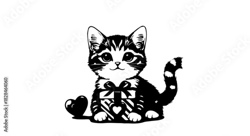 Cute black and white kitten sitting with striped paws illustration.