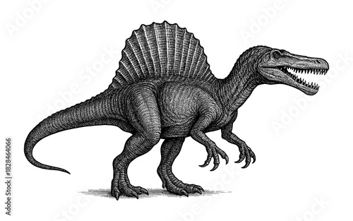 Detailed black and white spinosaurus sketch with distinctive sail and fierce expression