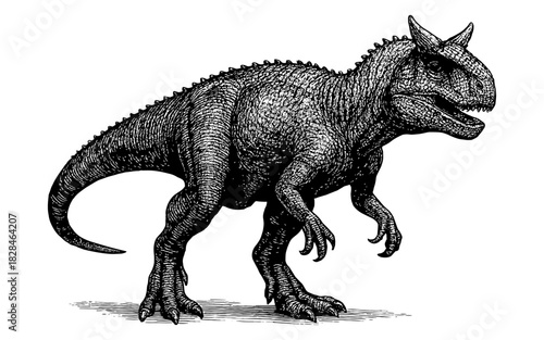 Detailed black and white dinosaur sketch of a carnotaurus on white background