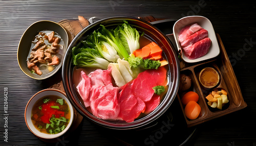 Close up shabu style concept - meat, vegetable and soup on table with food, top view
