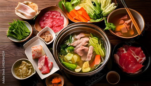 Close up shabu style concept - meat, vegetable and soup on table with food, top view