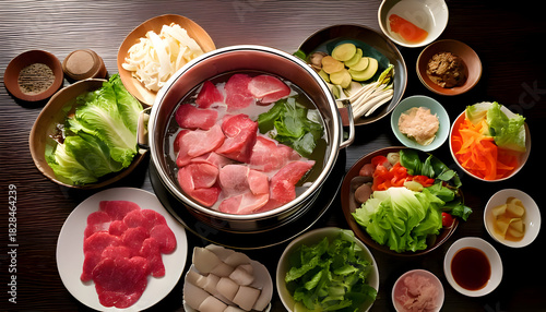 Close up shabu style concept - meat, vegetable and soup on table with food, top view