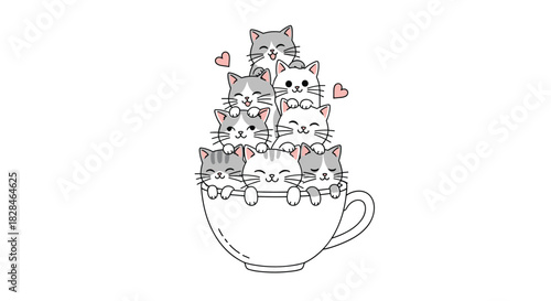An adorable stack of cartoon kittens, some grey and white, happily peeking out of a white teacup, surrounded by tiny pink hearts.