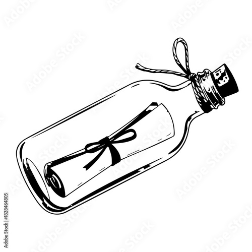 Illustration of a glass bottle containing a rolled note tied with a ribbon.