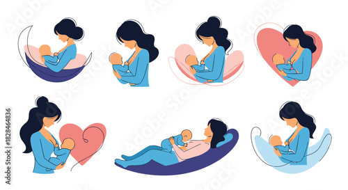 Various illustrations of mothers lovingly breastfeeding their babies, symbolizing nurturing care, love, and comfort in diverse poses.