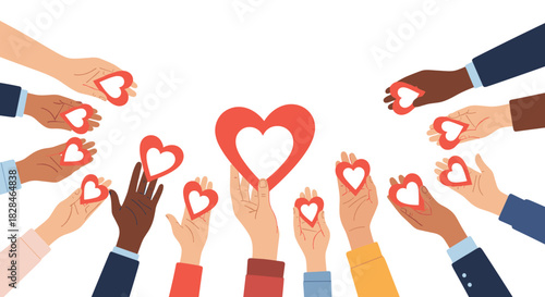 Diverse hands from various backgrounds come together, holding and offering heart symbols, illustrating concepts of community, love, and unity.