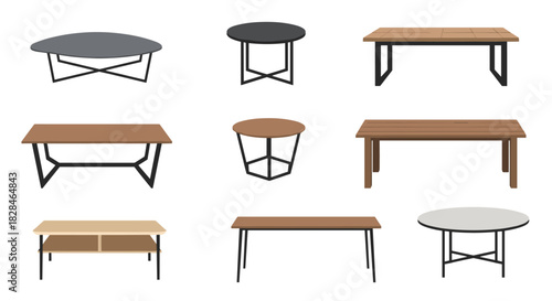 An assortment of nine contemporary table designs, featuring different shapes, materials, and functions for home and outdoor settings.