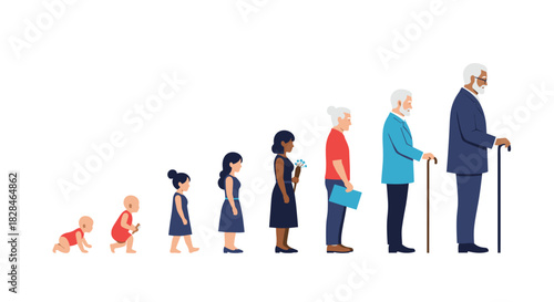 Human life stages from infancy to old age, illustrated by diverse individuals showing growth, development, and the aging process.