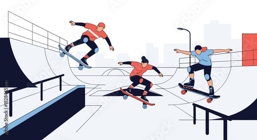 Young people enjoy skateboarding at a modern skatepark, performing various tricks on ramps and rails under a clear sky.