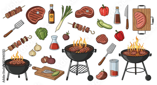 Collection of various barbecue ingredients and tools, including grilled meats, vegetables, and cooking equipment set for outdoor grilling.