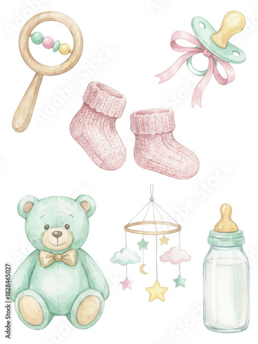 Watercolor Baby Items Collection: Soft and Gentle Nursery Illustration