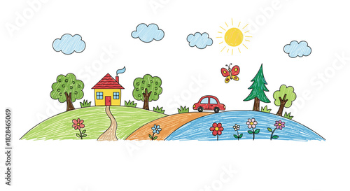 A colorful, child-like drawing depicts a happy countryside landscape with a house, car, trees, and flowers under a sunny sky.