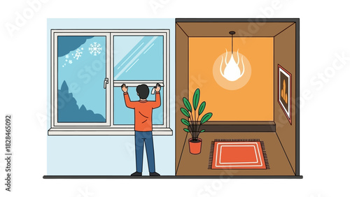Illustration of a man installing window blinds in a room with a potted plant and hanging light, against a plain background.