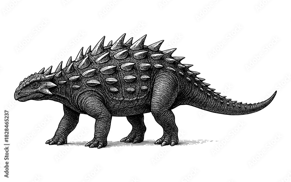 Fototapeta premium Armored dinosaur with spikes in vintage engraved art style