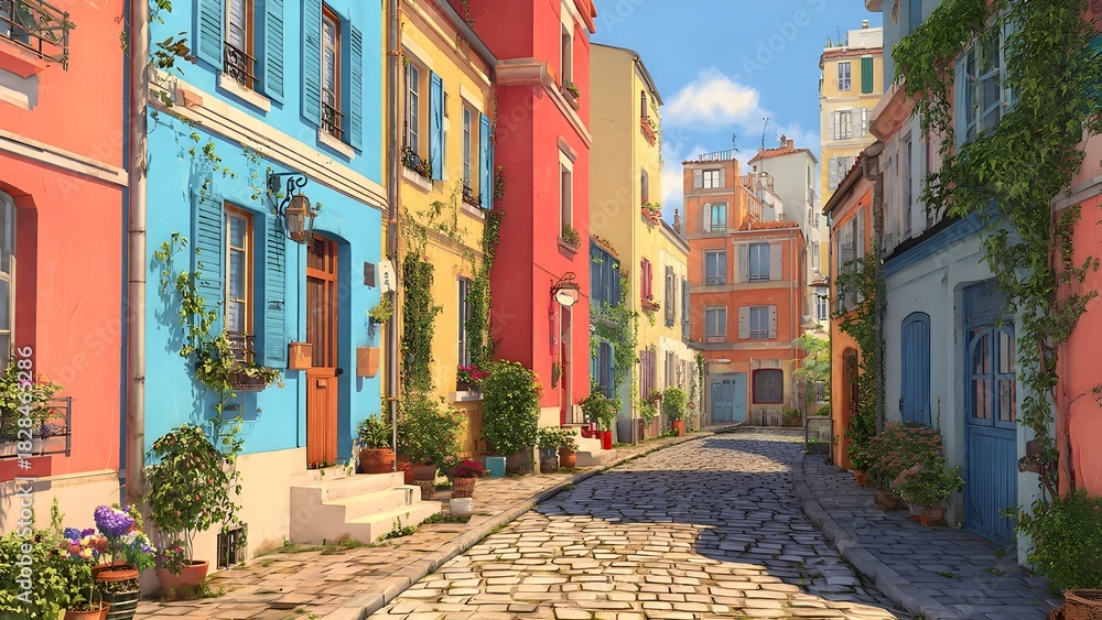 Obraz premium A colorful, narrow European street with cobblestone pavement, lined with old charming buildings painted in vibrant colors such as blue, red, yellow, and earthy tones.