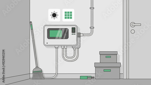 Illustration of a gray and green utility room with a broom, control panel, and storage boxes against a white background.