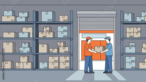Two warehouse workers exchanging a package in front of shelves stocked with boxes in a gray industrial setting.